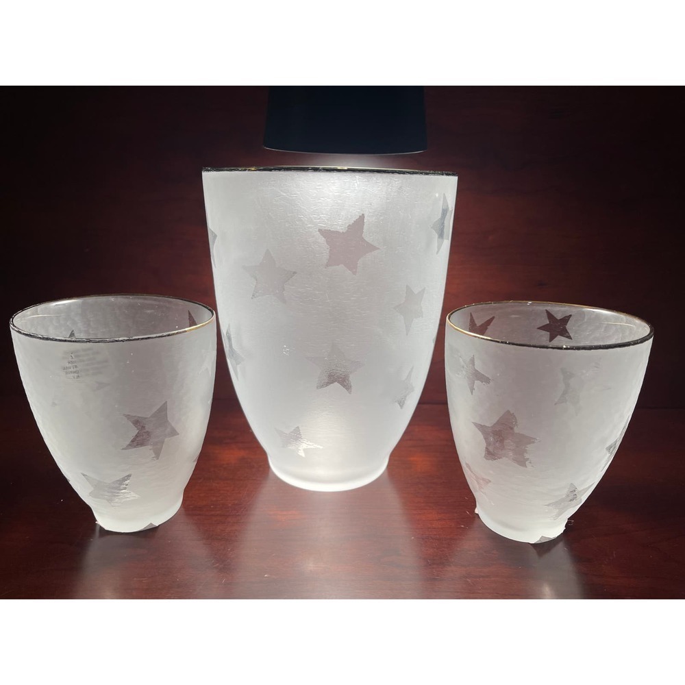 Set of 3 Frosted Votive Star Pattern 2- Candle Holders & Large Vase w/ Gold Rim